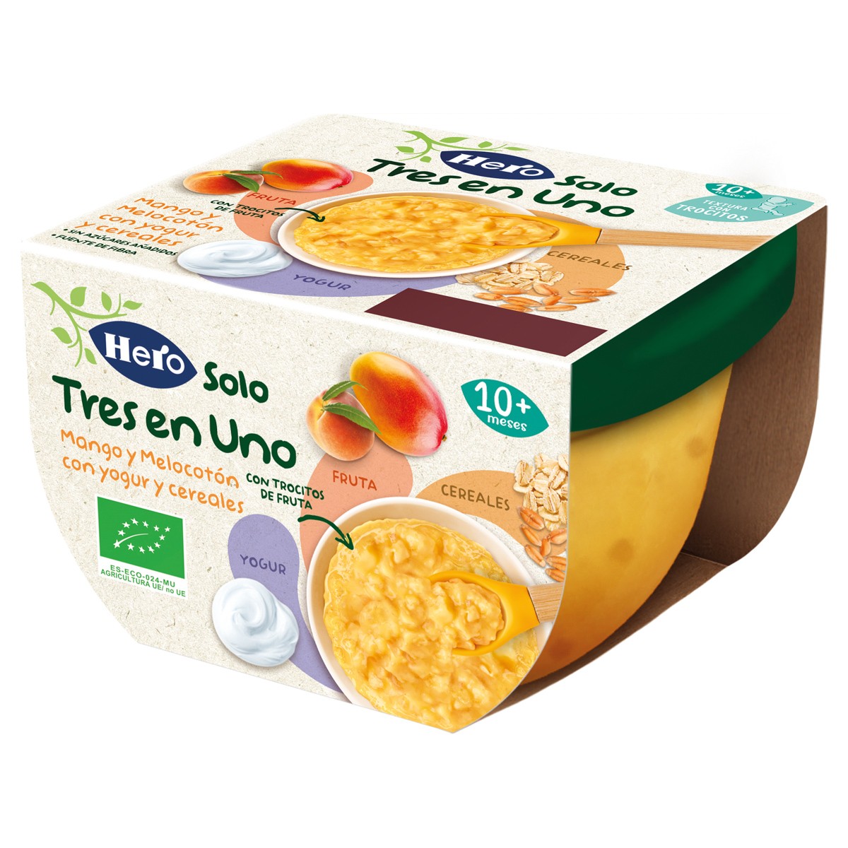 Hero Baby Tarrina Solo 3 en 1, Mango, Melocotón con yogur y cereales con trocitos 120 gr